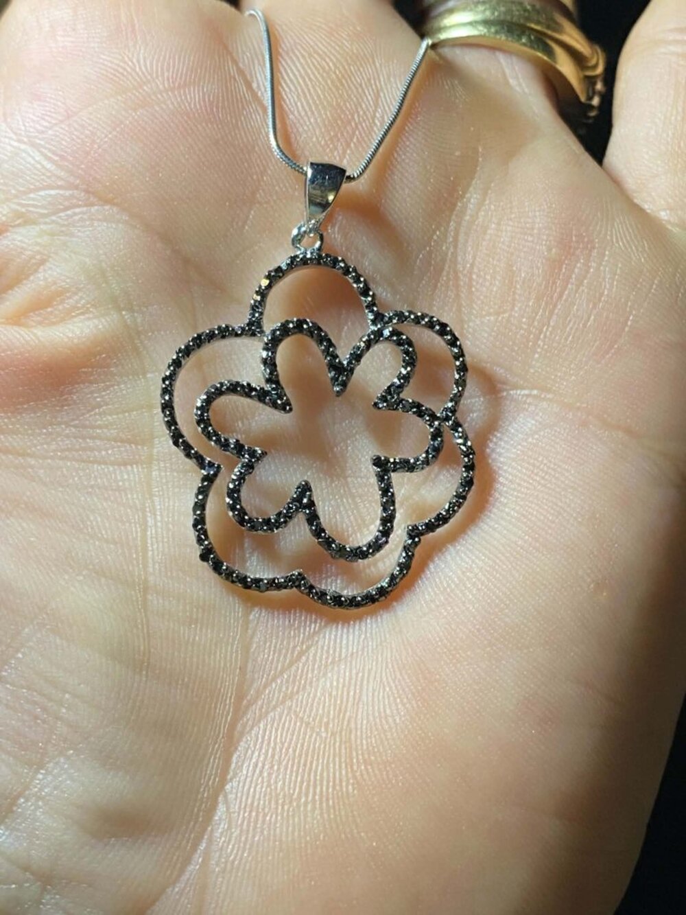.925 Sterling Silver Black Diamond Pave Flower Pendant/Chain